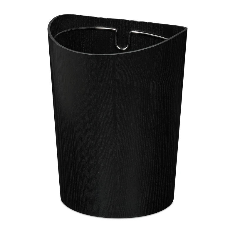 Relaxdays Waste Paper Bin, 9L Capacity, Wood Effect, 30 x 23 cm, Metal Ring for Liner, Round, Office Wastebasket, Black