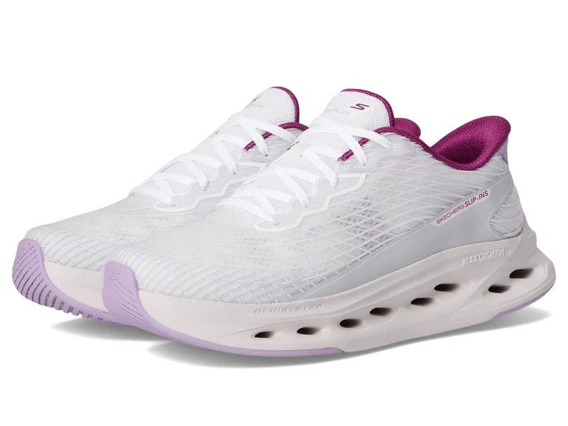 Skechers Women's Max Cushioning Glide-Step Sapphire Sneaker, White & Lavender Textile/Synthetic, 4 UK