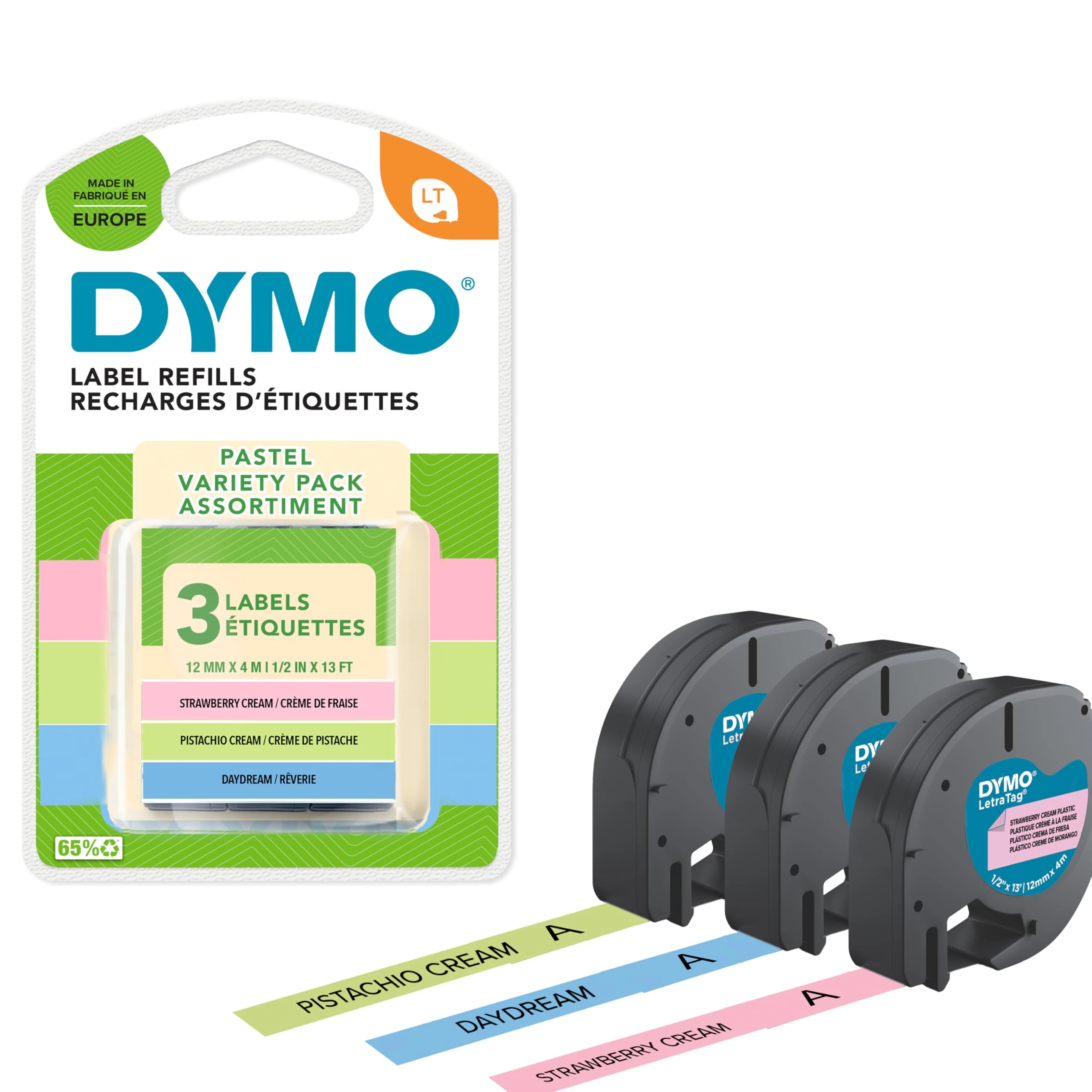 Dymo LetraTag Pastel Labels Starter Pack | 12mm x 4m Rolls | Pastel GreenBlue & Strawberry Cream | 3 Rolls of Plastic Self-Adhesive Label Tape | Authentic Labels for LetraTag Label Makers