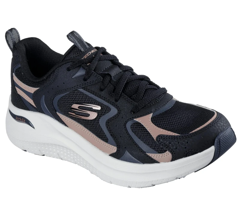 Skechers Women's Arch Fit 2.0 Vintage Luxe Sneaker, Black Leather/Mesh/Rosegold Trim, 5 UK