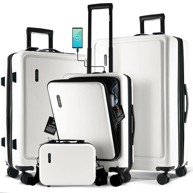 TRAVELARIM 20 Inch Carry On Luggage 22x14x9 Airline Approved, Carry On Suitcase with Wheels, Hard-Shell Carry-on Luggage, Durable Luggage Carry On, Small Suitcase with Cosmetic Carry On Bag, White, 4