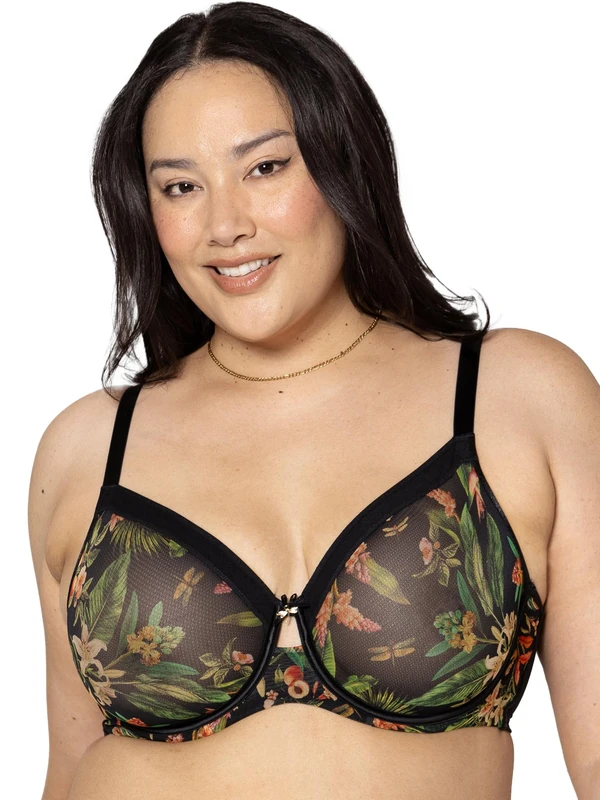 Curvy Couture Women's Sheer Mesh Full-Coverage Unlined Underwire-Bra, Dragon Fly Garden, 40DD