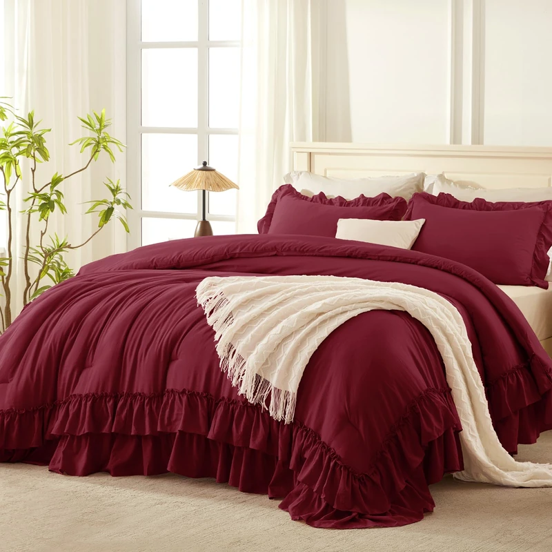 Andency Burgundy Ruffle California King Comforter Set, 3 Pieces