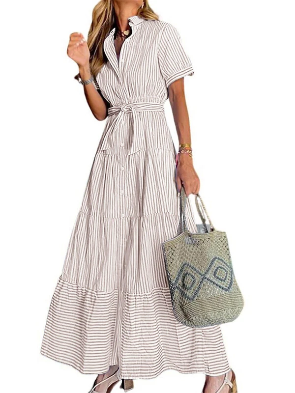 utcoco Womens Casual Short Sleeve Button Down Tie Waist Ruffled Striped Maxi Shirt Dress, Khaki, S