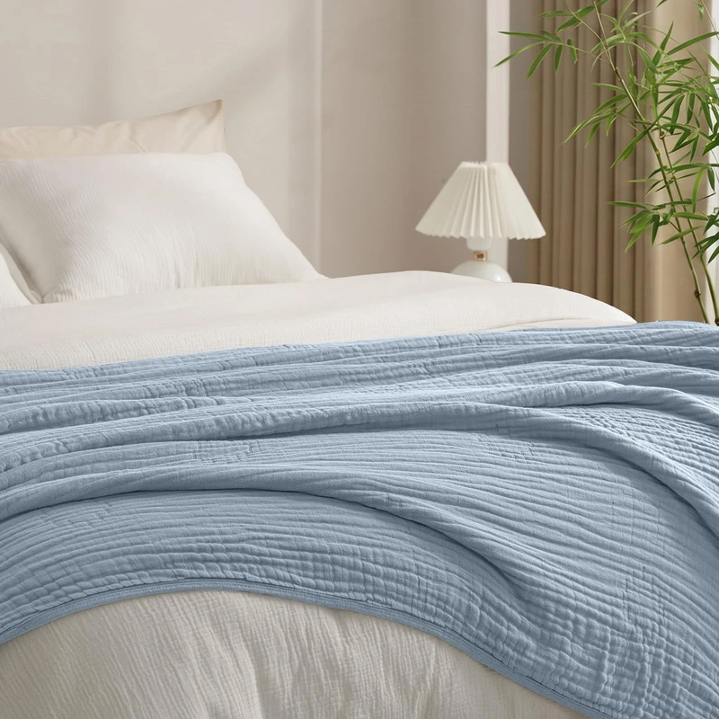 PHF Cooling Muslin Blanket Twin Size 60"x80", 6-Layer Lightweight Gauze Blanket Made from 35% Rayon Derived from Bamboo & 65% Cotton, Breathable & Ultra Soft Cozy, Aesthetic Home Decor, Dusty Blue