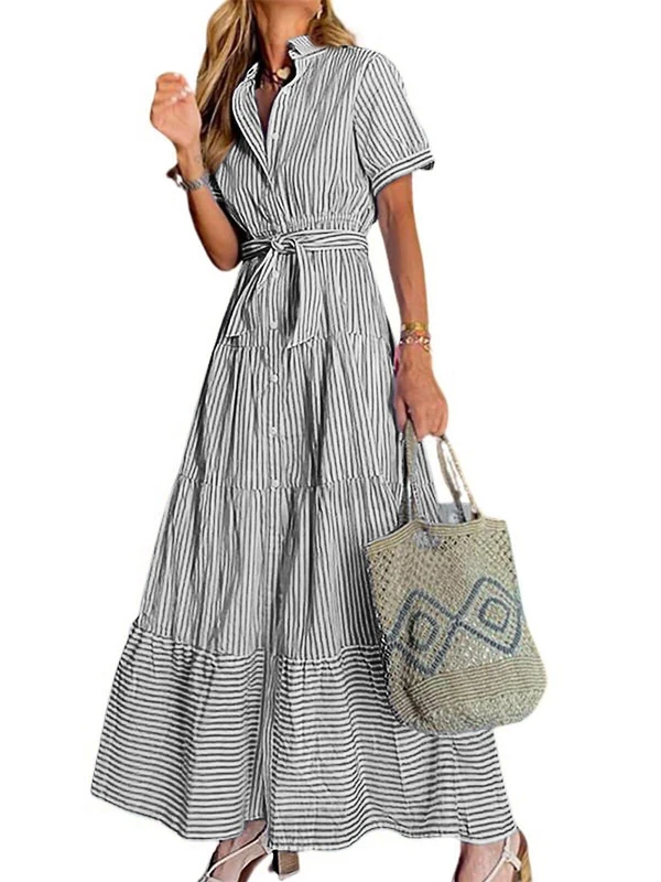 utcoco Womens Casual Short Sleeve Button Down Tie Waist Ruffled Striped Maxi Shirt Dress, Black, XS - Image 1