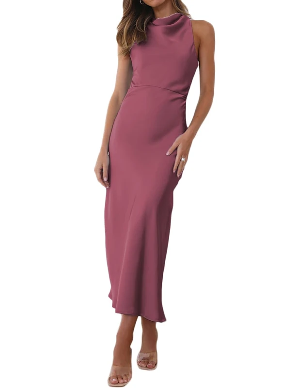 Halfisland Satin High Neck Backless Sleeveless Midi Dresses for Women Elegant Mock Neck High Waist Cross Back Cocktail Dress, Plum, S
