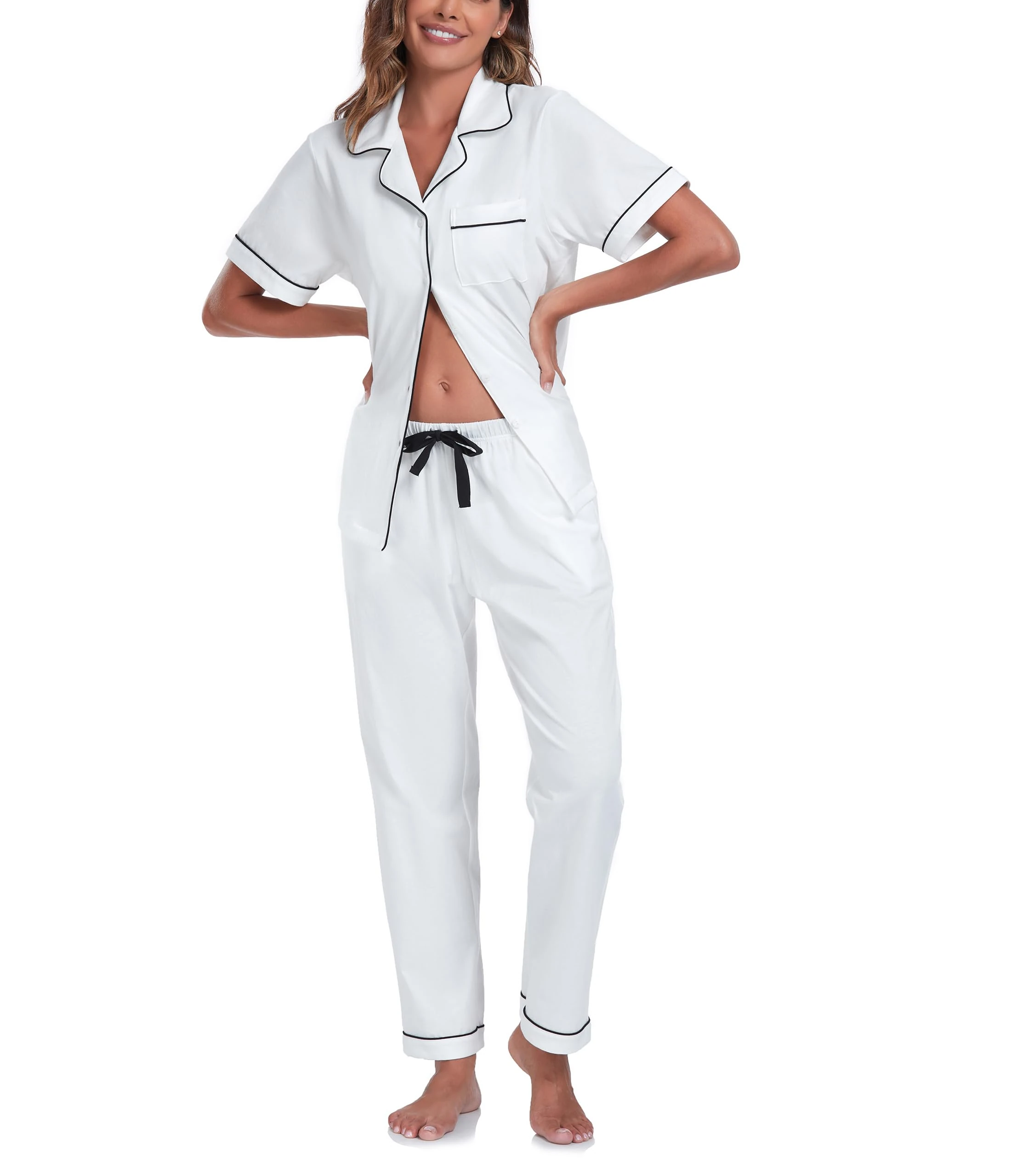 COLORFULLEAF Women's Pyjama Set 100% Cotton Nightwear Button Down Pj Sets 2 Piece Ladies Pyjamas Set Short Sleeve Sleepwear Loungewear with Pockets(White,L)