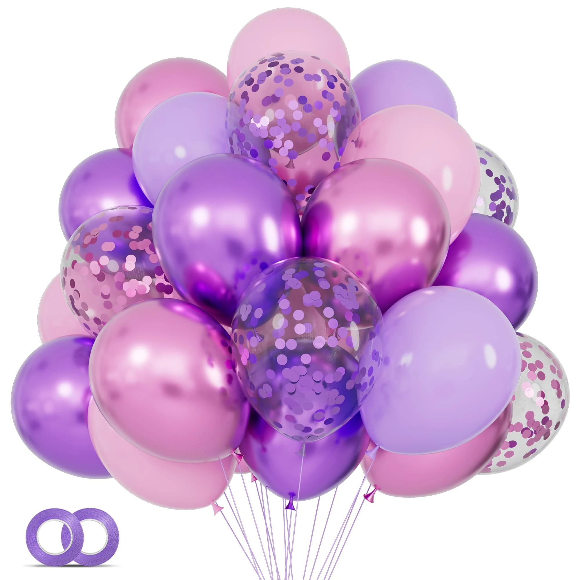 68 Pcs Pink and Purple Balloons, 12 Inch Confetti Balloon, Metallic Purple Pink Latex Balloon with Ribbon, Party Balloons for Girls Birthday Baby Shower Wedding Party Decorations