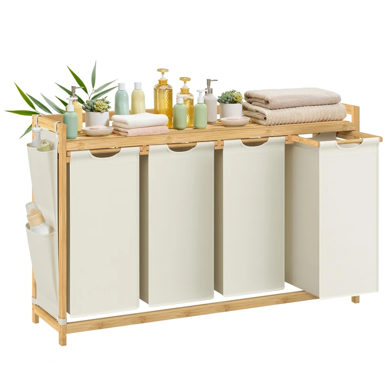 SONGMICS Laundry Basket with 4 Compartments, Laundry Hamper, Holds up to 200 L, Laundry Sorter, with Shelf, Laundry Bag, Side Pockets, 4 x 50 L, 124.6 x 33 x 78 cm, Cream White RLH120W01