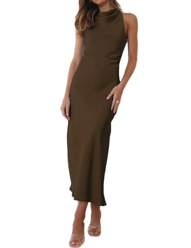 Halfisland Satin High Neck Backless Sleeveless Midi Dresses for Women Elegant Mock Neck High Waist Cross Back Cocktail Dress, Brown, S