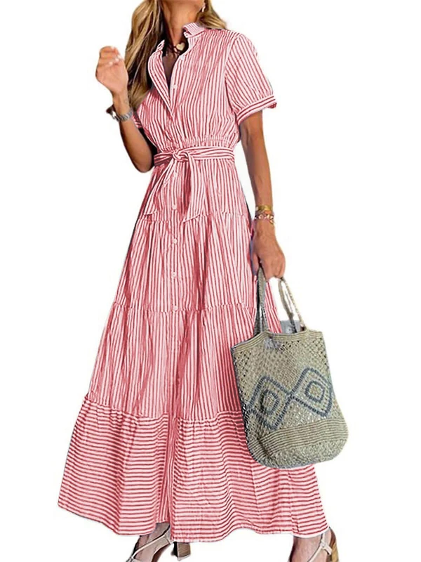 utcoco Womens Casual Short Sleeve Button Down Tie Waist Ruffled Striped Maxi Shirt Dress, Red, M