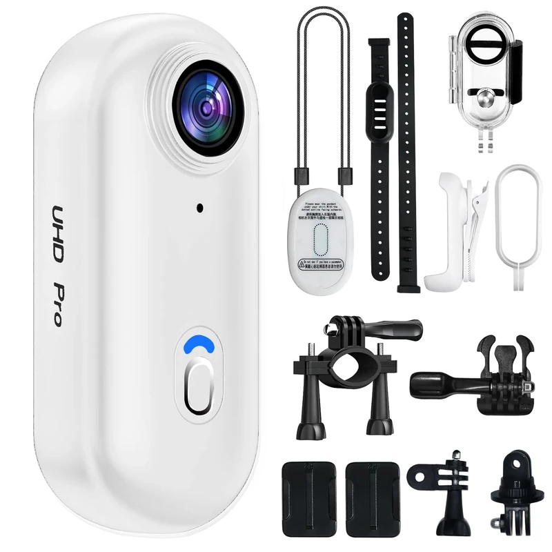 4K Mini Body Camera, Thumb POV Portable Body Cam Sports Action Camera Hands Free Waterproof Recording Wearable Camera Personal Camcorder Helmet Mounted Sports for Cycling, Motorcycle Vlogging (White)