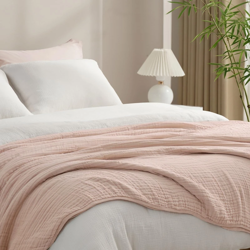 PHF Cooling Muslin Blanket Twin Size 60"x80", 6-Layer Lightweight Gauze Blanket Made from 35% Rayon Derived from Bamboo & 65% Cotton, Breathable & Ultra Soft Cozy, Aesthetic Home Decor, Cameo Rose