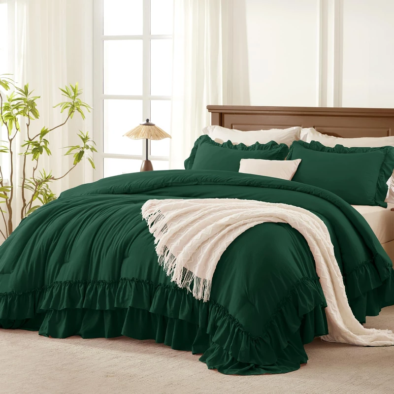 Andency Dark Green Ruffle California King Comforter Set, 3 Pieces