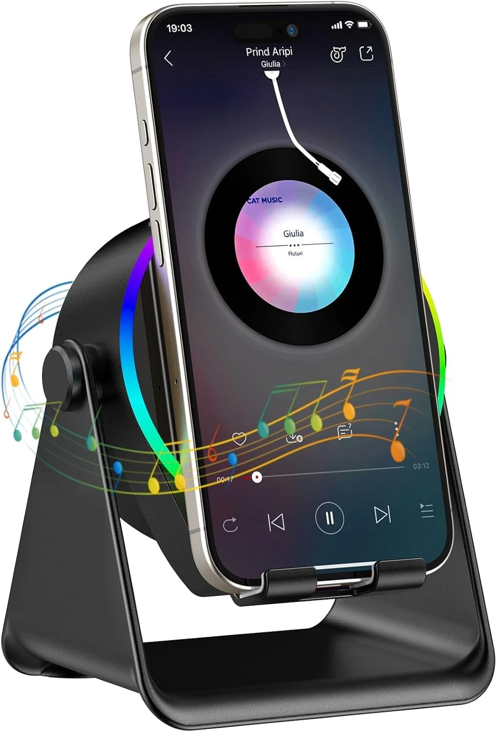 Wireless Induction Audio Bluetooth Speaker, 4-in-1 Design with RGB, Anti-Slip Base for 4-13" Phones, Bluetooth 5.3, Instant Play, Perfect Tech Gift (Black)