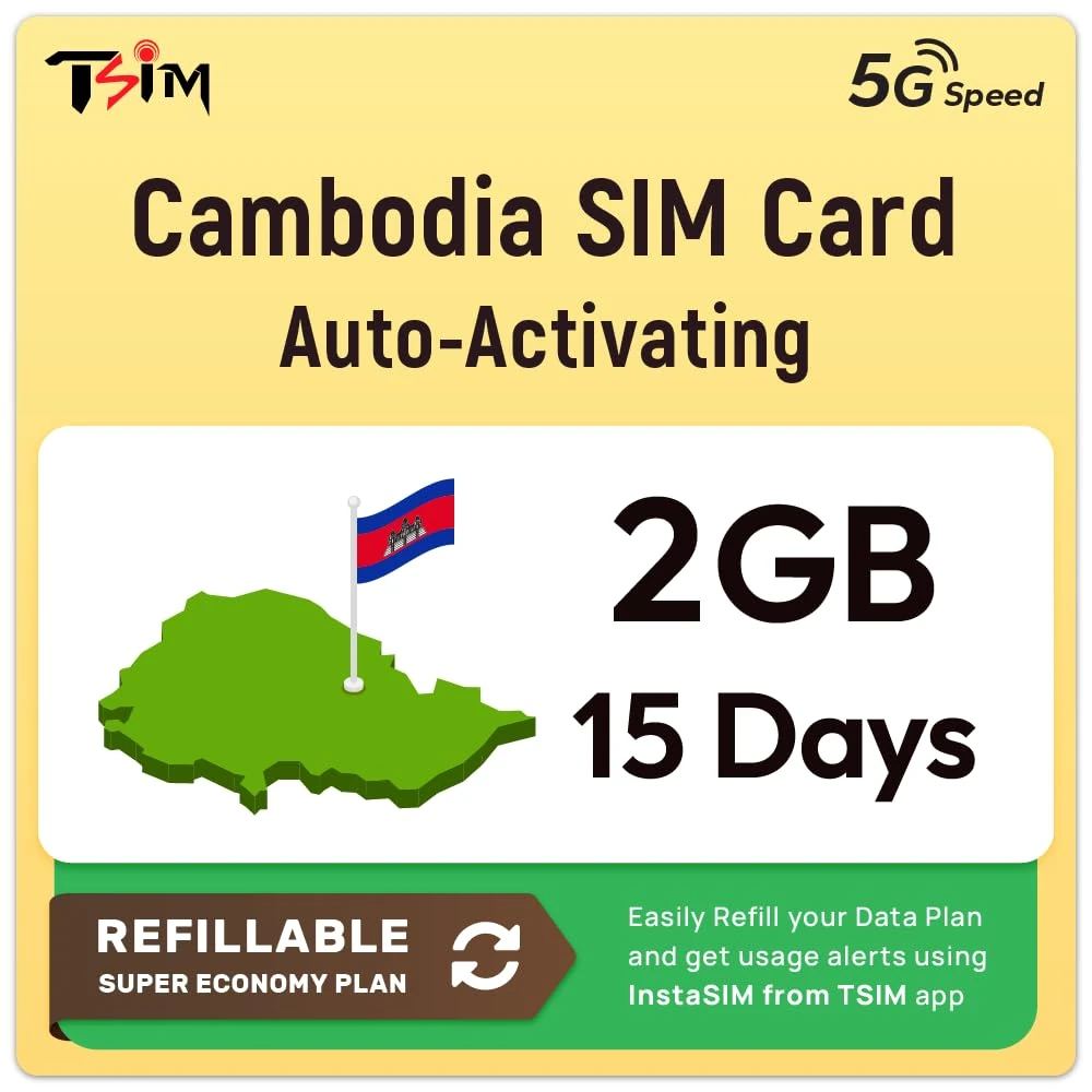 Cambodia SIM Card | 2GB Super Economy Refillable Plan! Auto Activating 15 Day Validity | 5G Speed + Hotspot | Data-Only No Phone Number