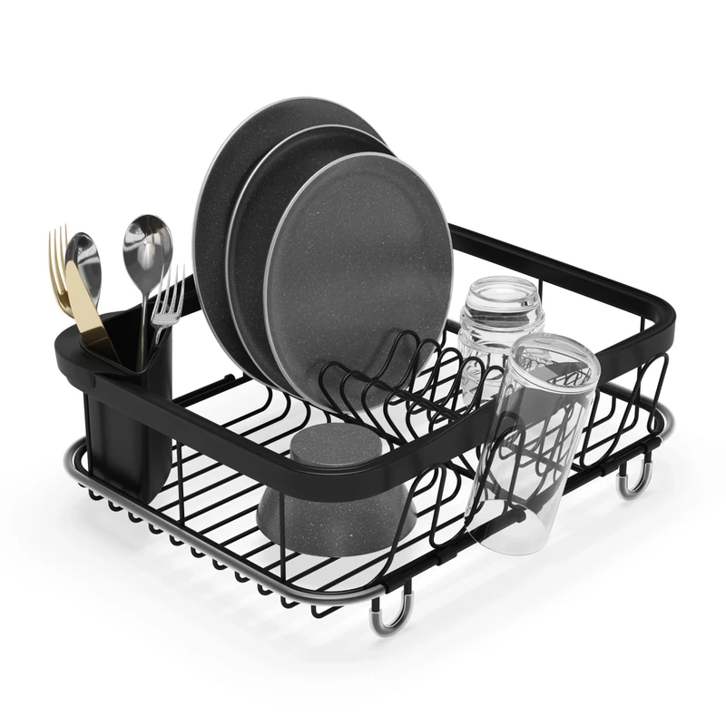 Umbra Sinkin Dish Drying Rack – Drainer with Cup Holders and Removable Cutlery Caddy – Use Over Sink, In Sink, or On Counter, Deluxe, Black
