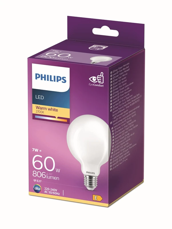 Philips LED Premium Frosted G93 Globe Light Bulb [E27 Edison Screw] 7W - 60W Equivalent, Warm White (2700K), Non Dimmable (Pack of 6)