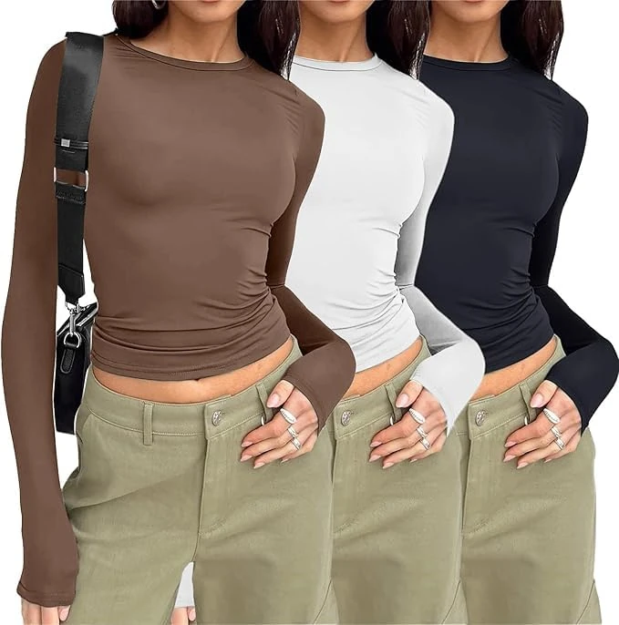 3 Pieces Women Y2k Basic Long/Short Sleeve Tight Top Slim Fitted Going Out Tee Shirt Round Neck Skim Dupe Crop Tops Aesthetic Streetwear