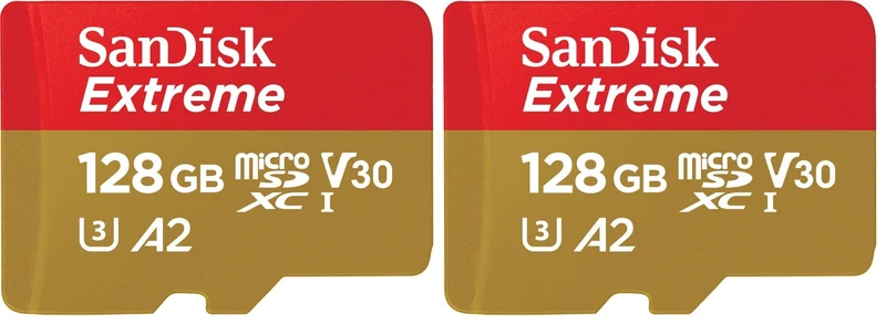 SANDISK Extreme microSDXC card 128GB + SD Adapter (for Action Cams and Drones, up to 190 MB/s, with A2 App Performance, RescuePRO Deluxe, UHS-I, Class 10, U3, V30) (Pack of 2)
