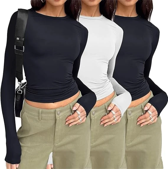 3 Pieces Women Y2k Basic Long/Short Sleeve Tight Top Slim Fitted Going Out Tee Shirt Round Neck Skim Dupe Crop Tops Aesthetic Streetwear