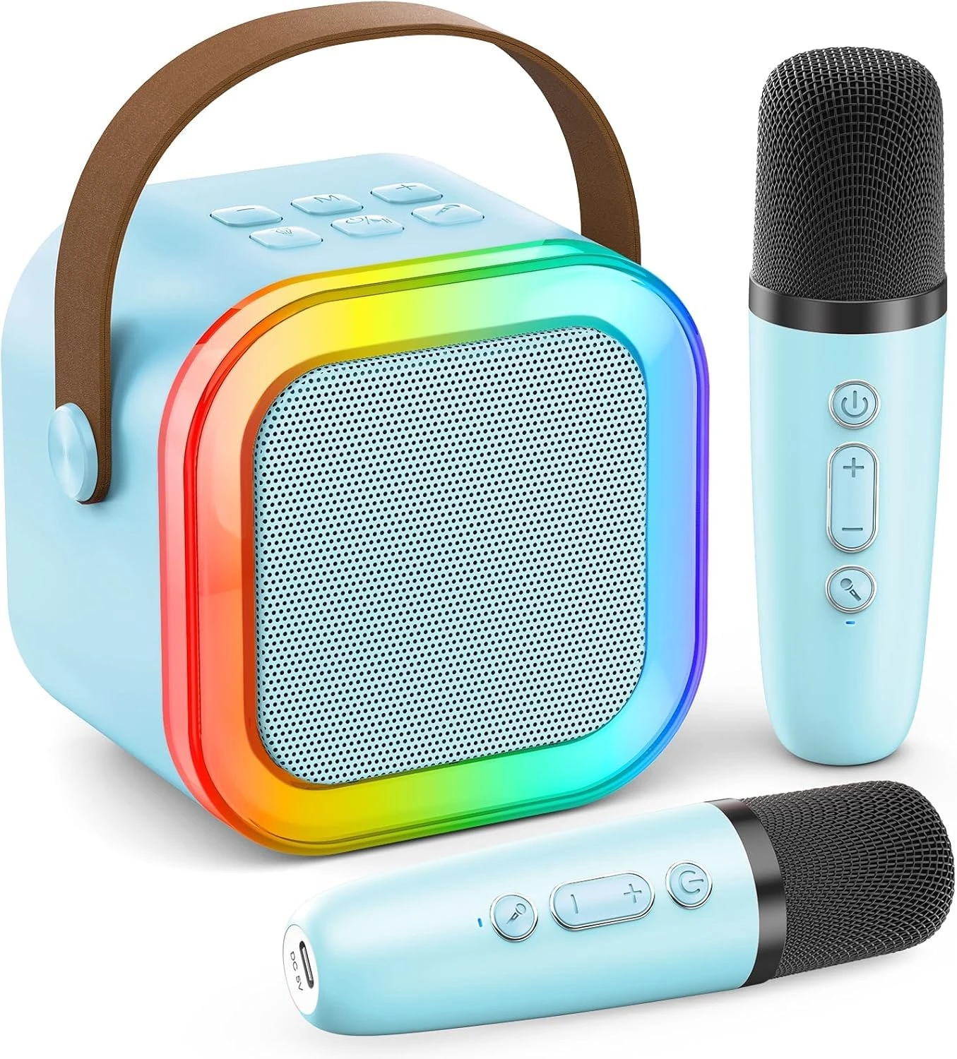 Karaoke Machine for Kids Adults, Mini Portable Bluetooth Speaker with 2 Wireless Microphones, Machines Karaoke with Voice Changing Effects & LED Lights, Best Gifts Toys for Girls and Boys (Blue)