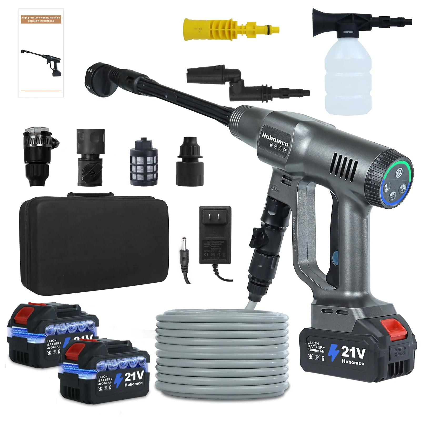 Huhomco Cordless Pressure Washer UK 200Bar/2900PSI Jethawk Battery Power Washer Portable with 2 Batteries, No Hose Needed Battery Operated for Car Cleaning&Garden Watering (Grey)