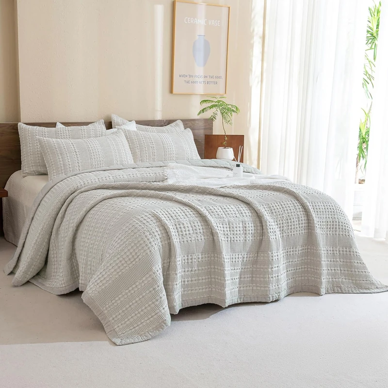CozyTide Oversized Queen Bedspread 104"x106",Khaki Waffle Weave Cotton Quilt Set Lightweight Farmhouse Shabby Boho Chic Bedding Coverlet Set for All Season