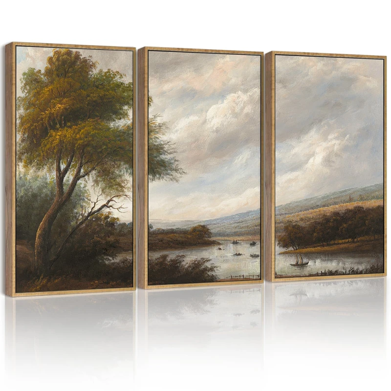 SHENIFY Vintage Landscape Framed Wall Art Riverside Scenery Farmhouse Decor Retro Boat Travel Painting for Hallway Living Room Bedroom Dining Room - 16x24in3pcs Natural Framed