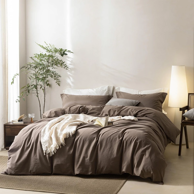 BDEAR 3 Pieces Light Chocolate Brown Duvet Cover Set Super King Size 108'' W x 98'' L, 100% Washed Cotton Duvet Cover with Zipper Closure Plus 2 Pillowcases, Oeko TEX Standard Certificated