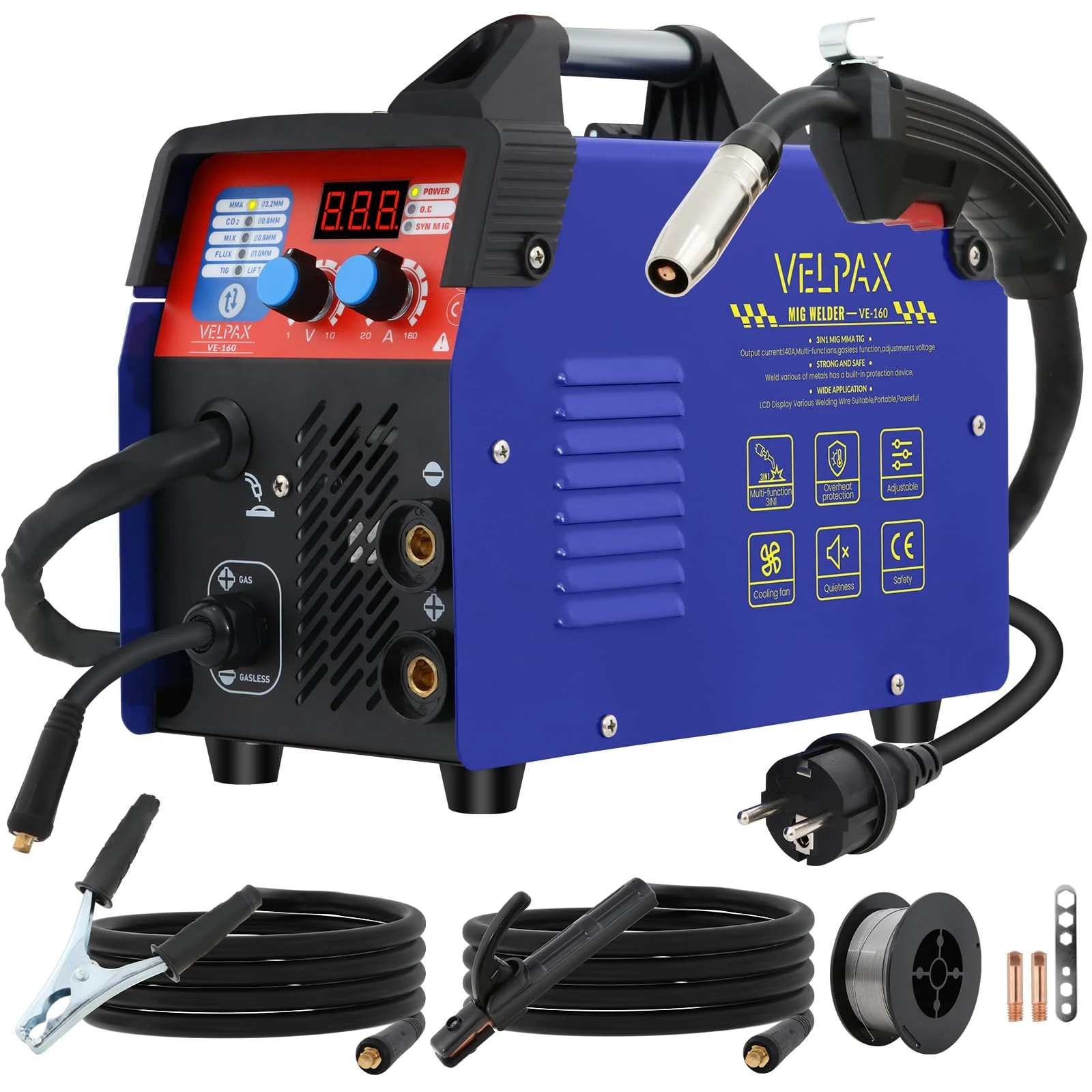 160A 230V MIG Welder, 3 in 1 Welding Machine, Gas/Gasless Flux Core MIG/Stick/Lift TIG/Spot Welding Inverter Welders with Digital LED Display