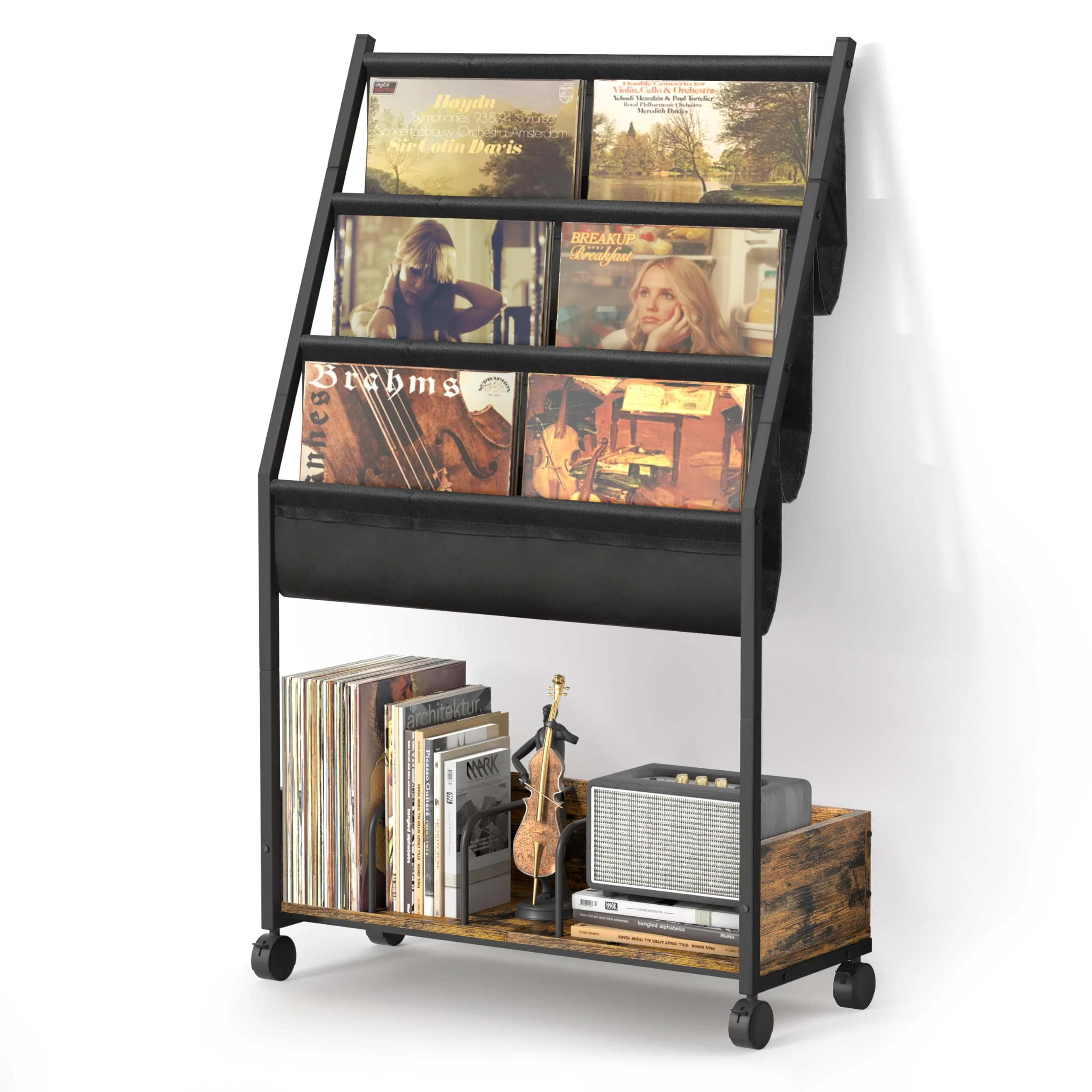 Bikoney Vinyl Record Storage Rack for Up to 200 Albums – 3-Tier Record Holder Stand with Display Shelves, Movable Vinyl Organizer Cabinet for LPs, Books, Magazines, Bigger Storage