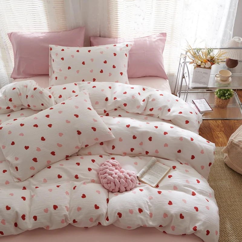 Erwinmu Girls Comforter Set Queen Size - 3 Pieces Red Pink Heart Comforter Bedding Sets for Kids,Queen Bed in a Bag with Heart Comforter and 2 Pillowcases