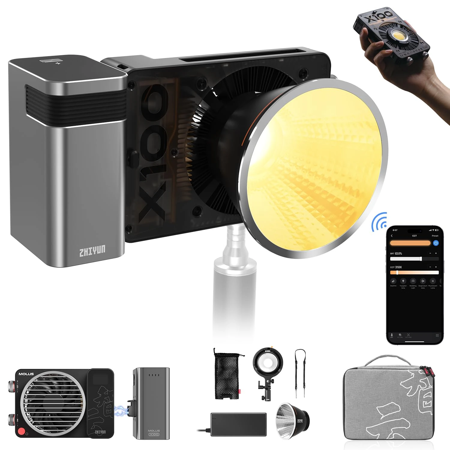 ZHIYUN MOLUS X100 Bi-color Combo 100W Video Light [Official] V2 Upgraded Version Professional Photography Lighting Portable Continuous Output Lighting 2700K~6500K CRI≥95 TLCI≥97 for Youtube TT Photog