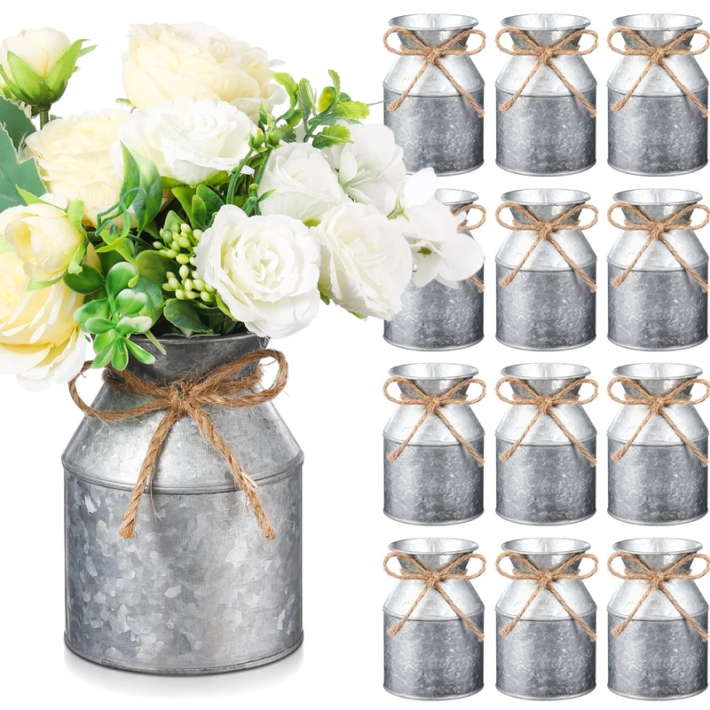 Domensi 12 Pcs 5.12 Inch Farmhouse Metal Flower Vase Decor Galvanized Milk Can Jug Vase with Twine Bow Rustic Flower Buckets for Floral Table Centerpiece Home Dinging Room Wedding Decor (Iron Color)