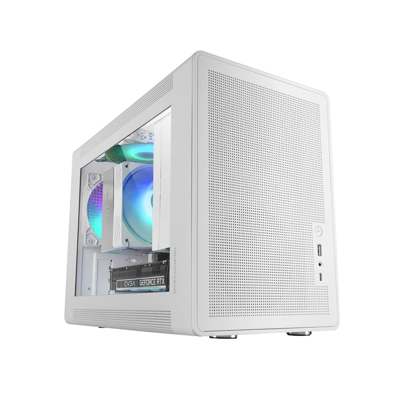 MARS GAMING MC-XPS, Ultracompact MicroATX Gaming Case, Tempered Glass + Mesh Panels, FRGB 120mm Fan, Mesh Cooling Technology, Dual PSU Support for ATX and SFX, Mini-Tower PC USB-C, White