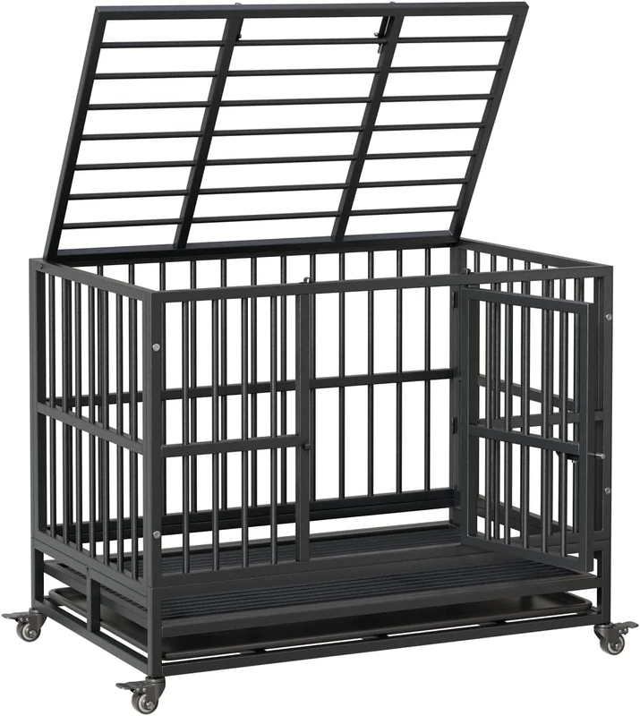 Zstar Double Door Dog Crate, Foldable Dog Cage for Indoor Use with 360° Wheels and Removable Tray, Easy to Clean Assemble, Dog Cage for Small, Medium, Large Dogs, S