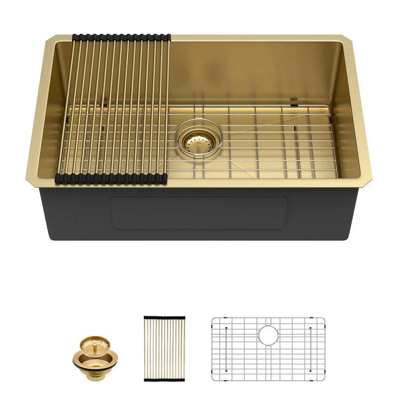Sarlai Gold Undermount Kitchen Sink - 28 Inch Kitchen Sink Undermount Gold Stainless Steel Single Bowl 28" x 19" Under-Mount 16 Gauge Sinks Under Counter Round Corner Basin