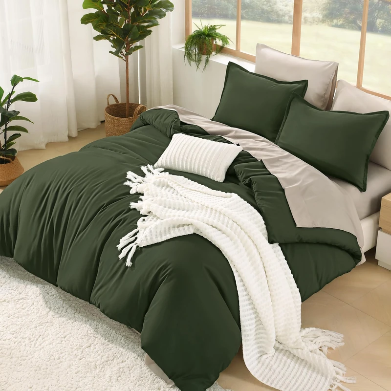 Litanika Comforter King Size Set Olive - 7 Pieces Bed in a Bag King Beddding Comforter Sets, Plain Lightweight Bed Set with Comforter, Sheets, Pillowcases & Shams