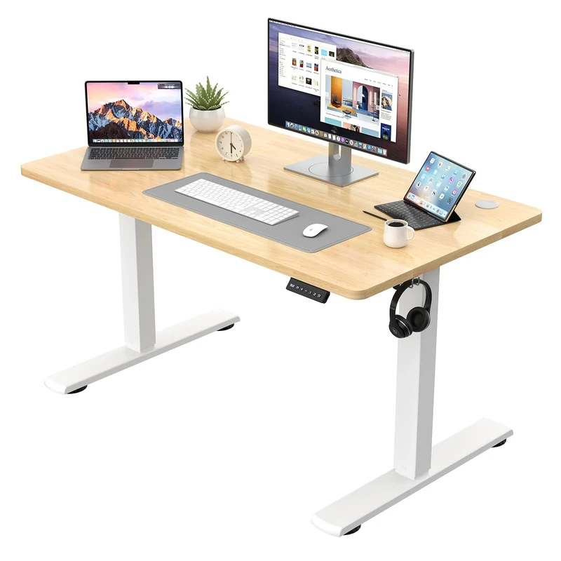JUMMICO Height Adjustable Desk COMPLETE TABLE TOP Electric Desk Height Adjustable with Memory Function Standing Desk Computer Desk 110 x 53 cm Beige