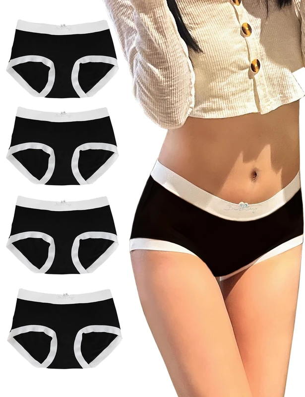 QFLIREN Women's Modal Soft Panties,Mid Waist Stretch Briefs,Breathable and Comfortable Underwear for Women 4 Pack (UK, Alpha, XL, Regular, Regular, Black-4 Pack-D)
