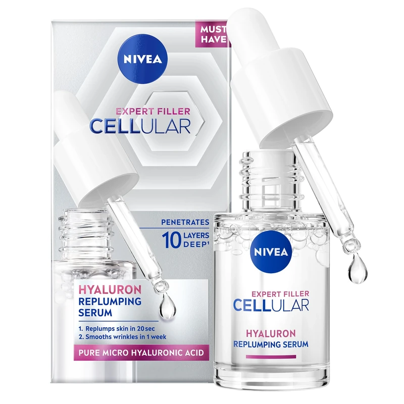 NIVEA Cellular Expert Filler Hyaluron Acid Replumping Serum (15ml), Anti-Ageing Face Serum For Visibly Smoother, Hydrated, and Supple Skin, Dermatologically Approved Hyaluronic Acid Serum, Mini Size