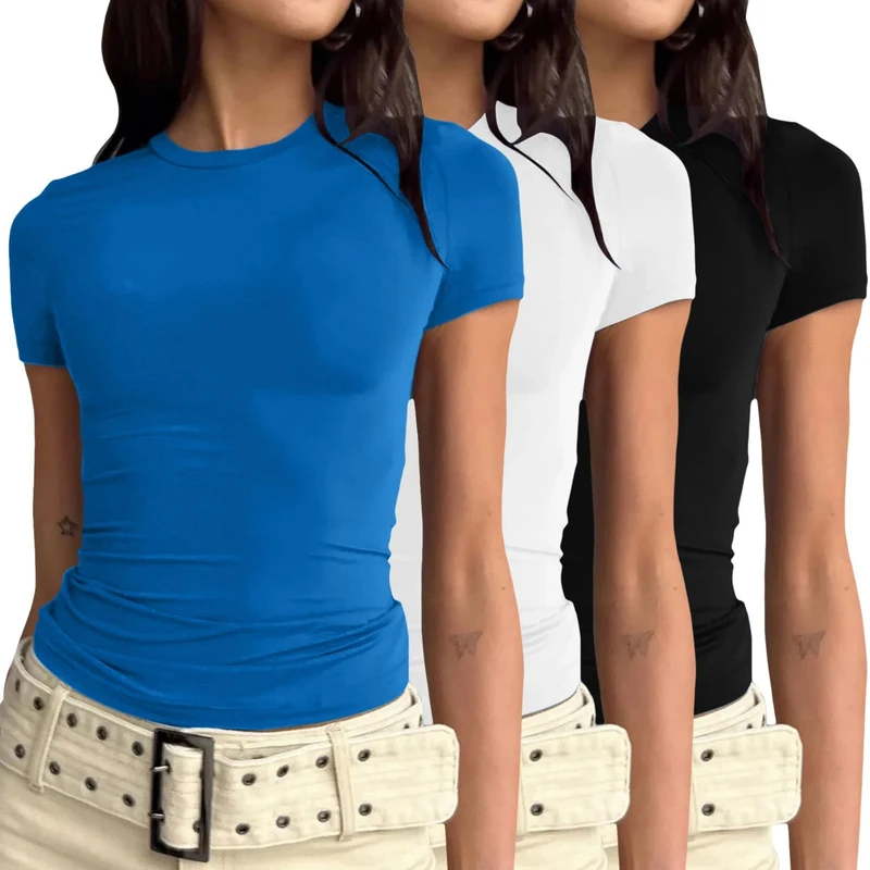3 Pieces Women Y2k Basic Long/Short Sleeve Tight Top Slim Fitted Going Out Tee Shirt Round Neck Skim Dupe Crop Tops Aesthetic Streetwear