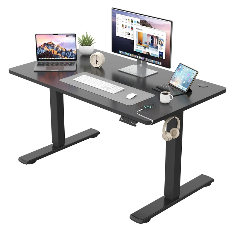 JUMMICO Height Adjustable Desk COMPLETE TABLE TOP Electric Desk Height Adjustable with Memory Function Standing Desk Computer Desk 110 x 53 cm,Black