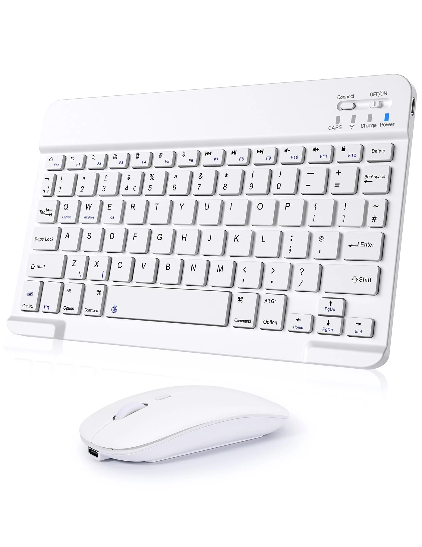 Nsyee Bluetooth Keyboard and Mouse, Universal Compact Wireless Keyboards, Rechargeable Portable for iPad/Samsung/Tablet/iOS/Android/Windows, UK Layout (White, Keyboard and Mouse)