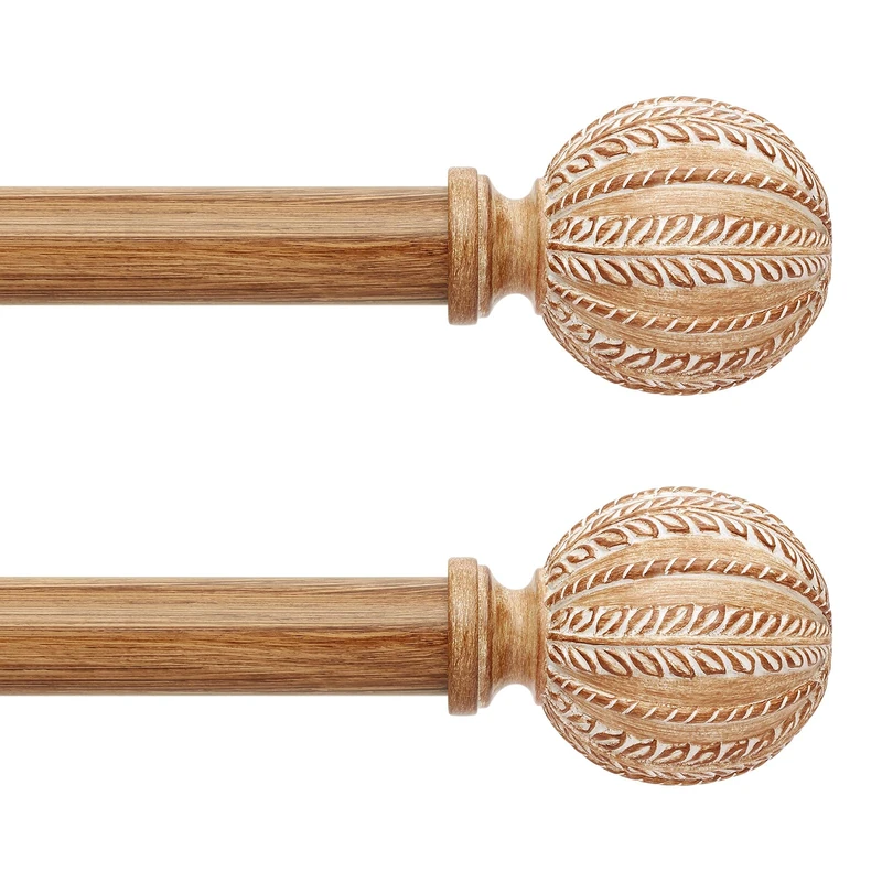 JRZOO 2 Pack Wood Curtain Rod for Windows 48 to 84 Inch, Decorative 1'' Diameter Adjustable Rustic Wooden Drapery Rods, Heav Duty Boho Imitation Wood Grain Finials, Size: 30''-88''