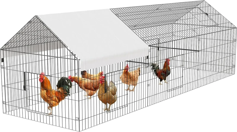 Zstar Metal Chicken Coop, Chicken Cage, Small Animal Hutch Aviary with Roof Tarpaulin, 4 Doors and 1 Window, Chicken Enclosure for the Yard, Farm, Chickens and Other Small Animals, 218 x 101 x 101 cm