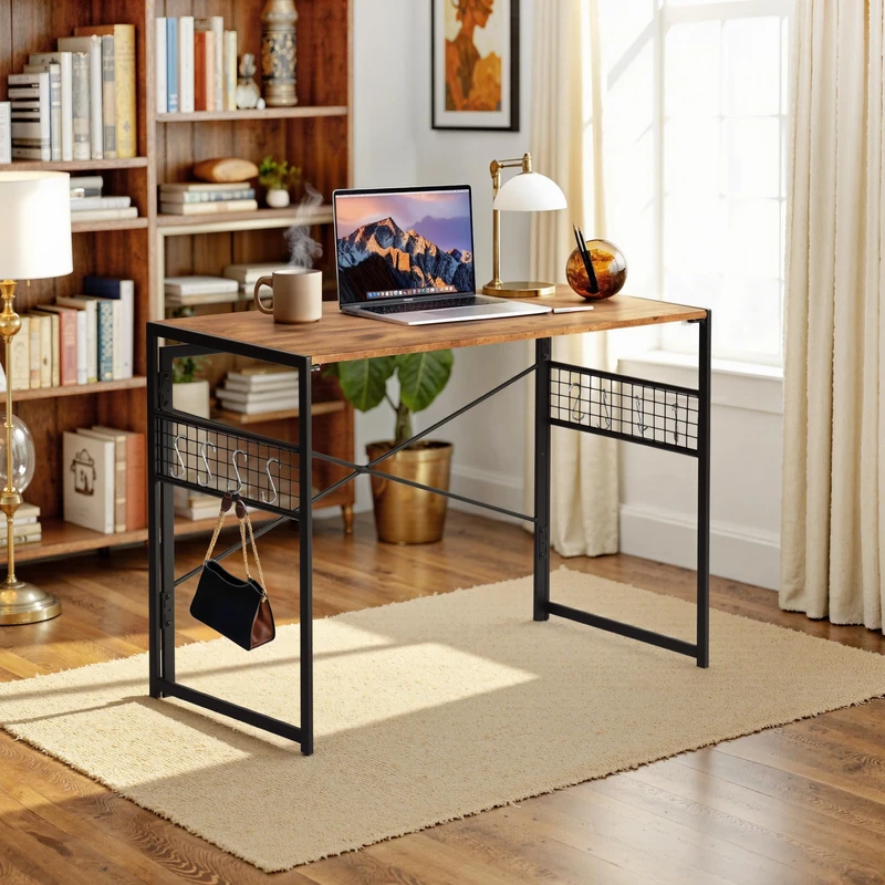 FurnitureR Folding Computer Desk 100x50cm, No-Screw Assembly Home Office Desk with Removable Tabletop, Metal Frame with Storage Grid and 8 Hooks,Vintage Brown
