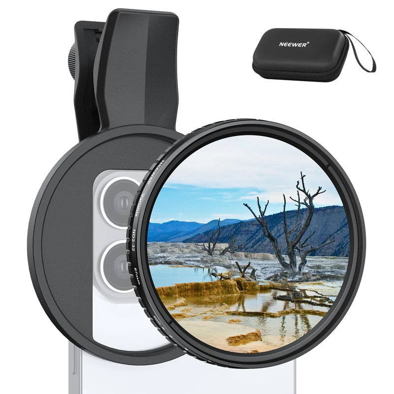 NEEWER 67mm Variable ND Filter Compatible with iPhone, Clip On ND2-32 Neutral Density Phone Lens Photography Accessories Kit Compatible with iPhone 16 15 Pro Max Plus 16e 14 13 mini 12, FL-B25